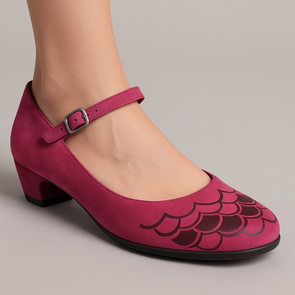 Camper Twins Women Mary Jane Shoes Pink Suede Scallop‎ Block Heel EU 37 US 6.5–7